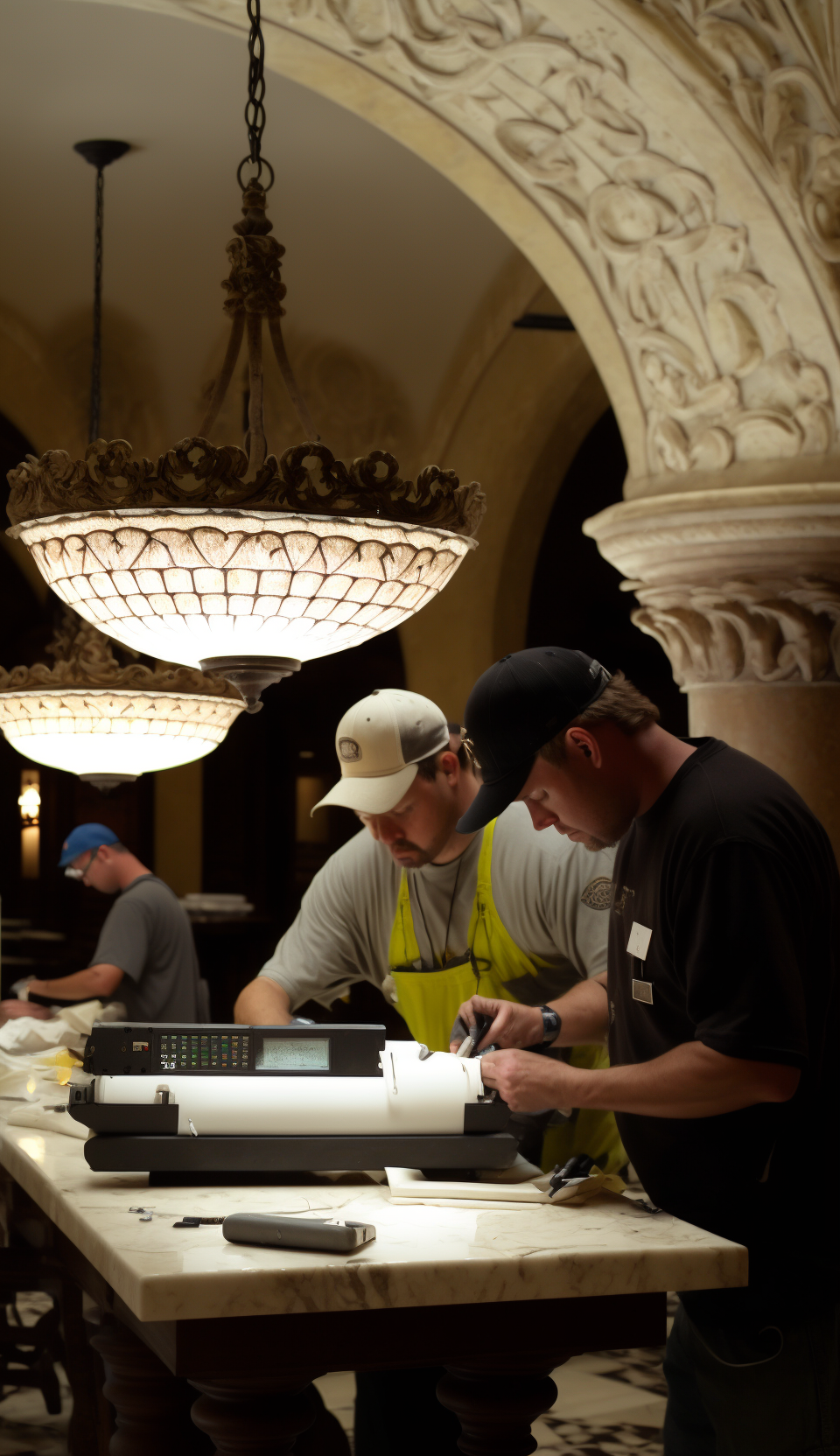 A crew configuring POE lights in an Art Deco Building